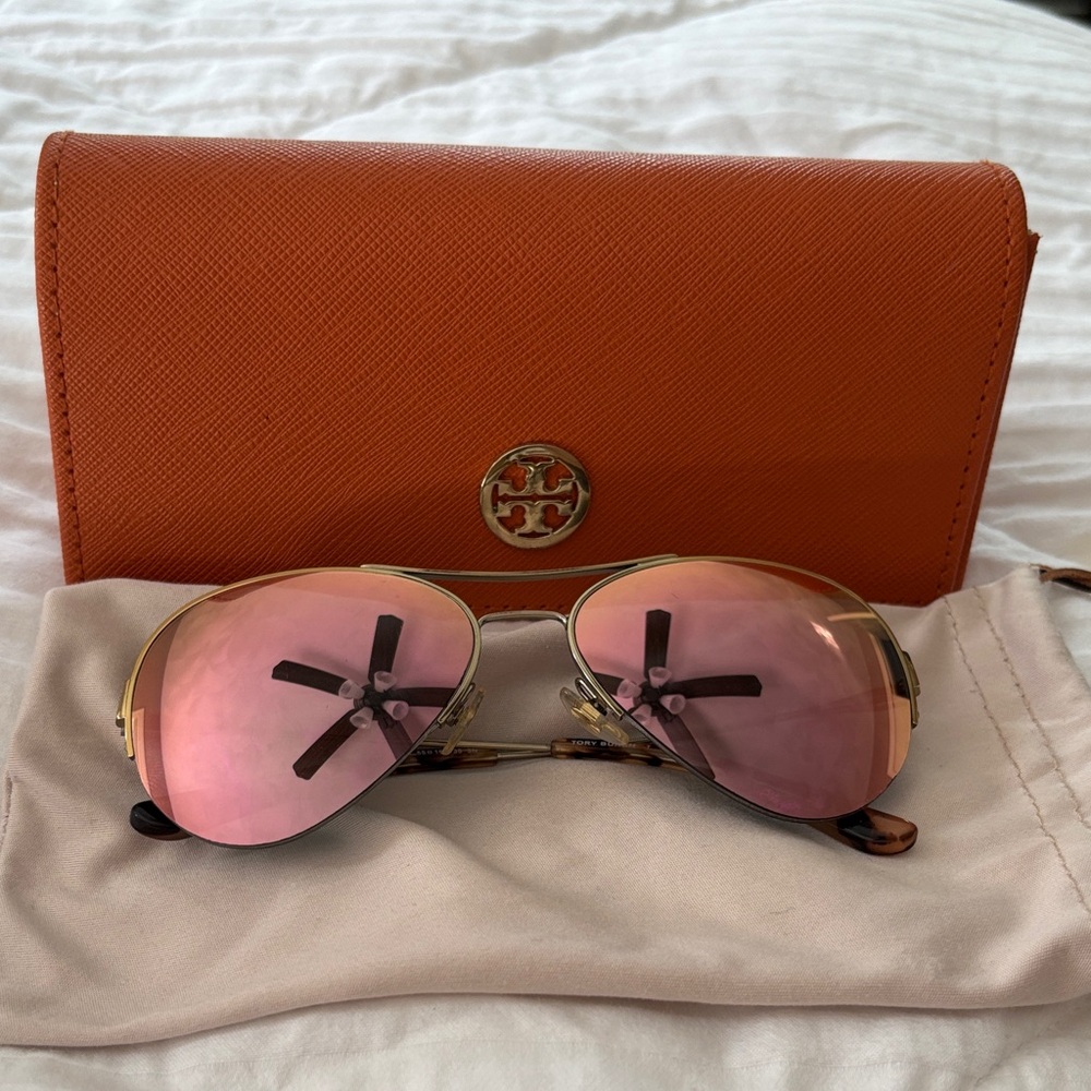 Tory Burch Gold Frame Sunglasses with Pink Lenses and Orange Case